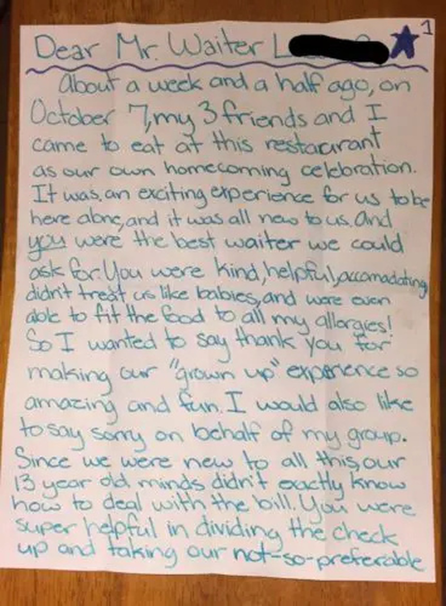 Waiter frustrated with $3.28 tip. Eyes go wide receiving unexpected letter days later