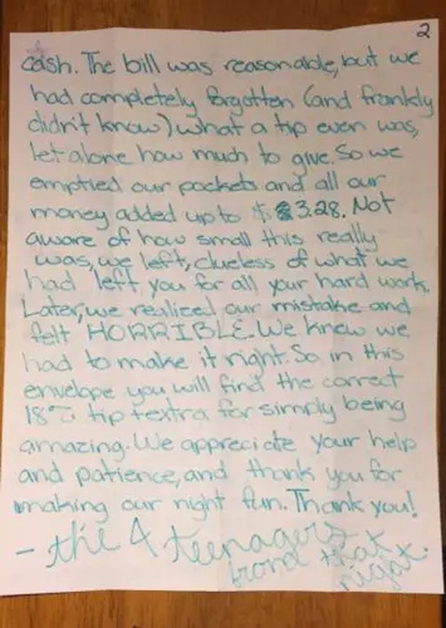 Waiter frustrated with $3.28 tip. Eyes go wide receiving unexpected letter days later