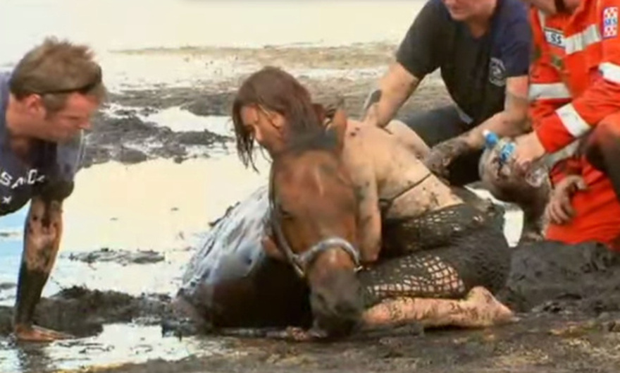 For 3 hours woman stays with trapped horse – then a farmer does everything he can to save its life