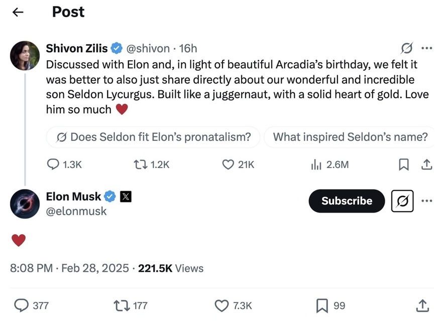 Elon Musk confirms he has welcomed another child