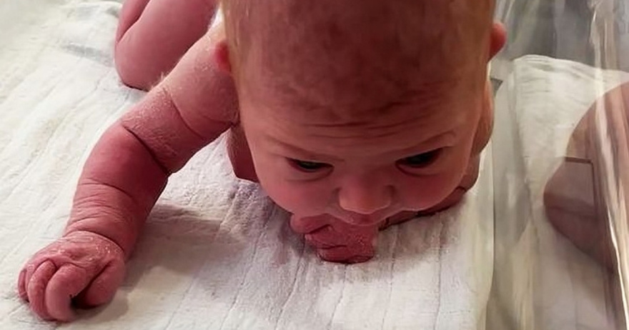 First-time mother is amazed as her newborn lifts its head and crawls on the hospital cot.