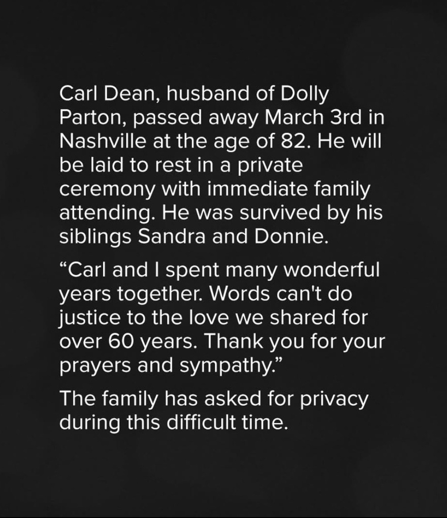 Dolly Parton reveals husband Carl Dean has died aged 80