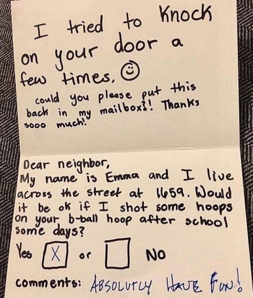 Neighbour Has Perfect Response To Little Girl’s Note Asking To Use Their Hoop.