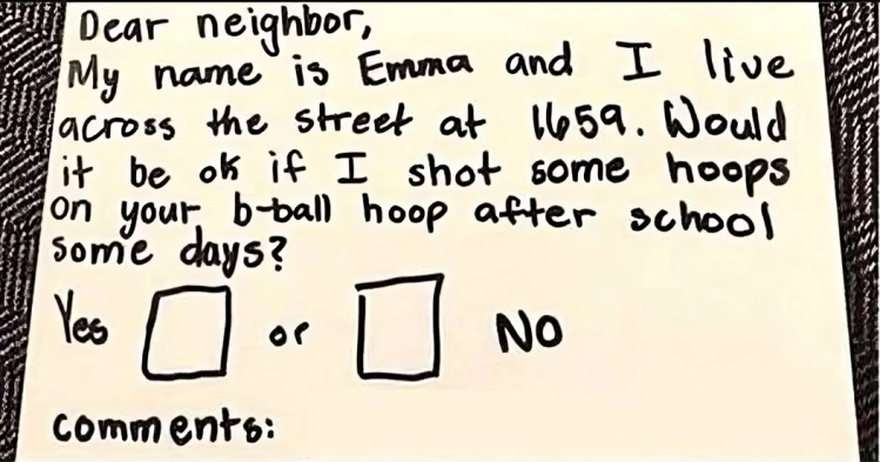 Neighbour Has Perfect Response To Little Girl’s Note Asking To Use Their Hoop.