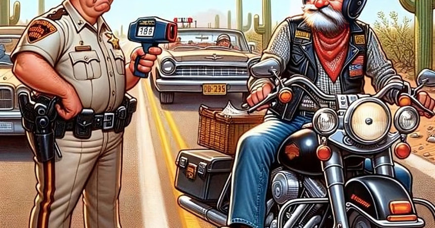 An Arizona Highway Patrol officer stops a Harley