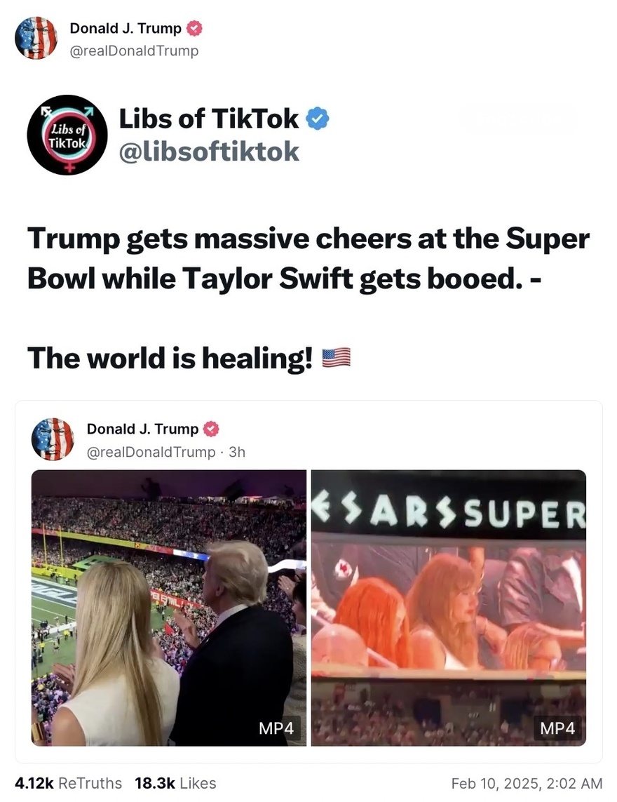 President Trump takes savage shot at Taylor Swift after she’s booed at Super Bowl and he’s cheered