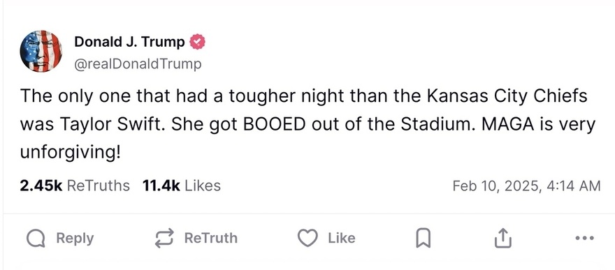 President Trump takes savage shot at Taylor Swift after she’s booed at Super Bowl and he’s cheered