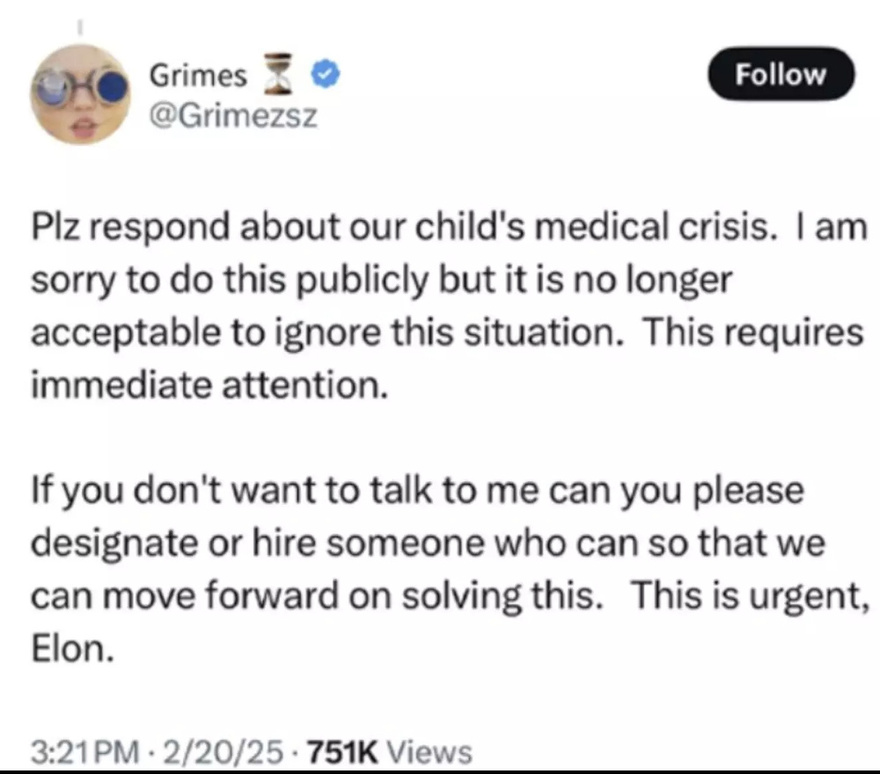 Grimes issues urgent plea to Elon Musk about their young son: ‘I am sorry to do this publicly’